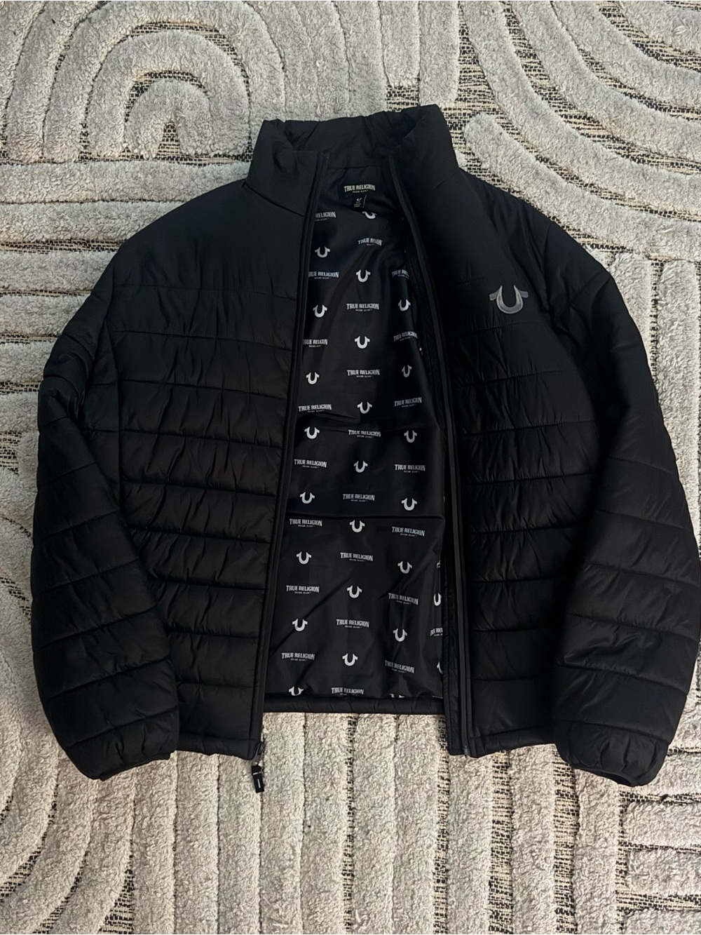True Religion Black Quilted Puffer Jacket with Logo Lining